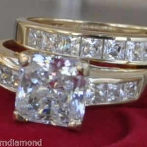 14K Gold Princess Engagement Ring and Wedding Band 2pc set